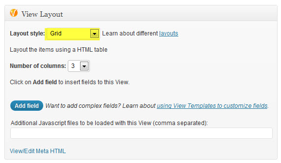 projectpage the layout meta box with the grid layout selected