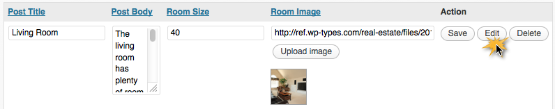 click the edit button the mouse hovers over the edit button for the room post type
