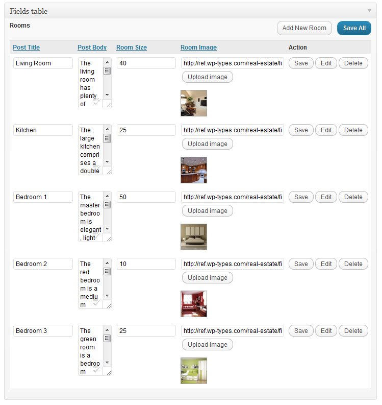 completed fields table a fields table with 5 rows of content - each content entry is a single room post type