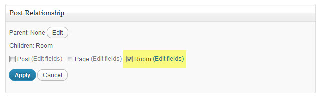 the post relationship meta box the post relationship options with the Edit fields link highlighted beside the rooms checkbox