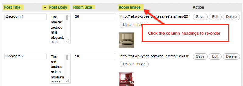 click the heading to re-order the field table with the column headings highlighted and a call out box that says "click the headings to re-order"