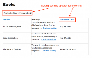 Front-end sorting controls in combination with sortable table