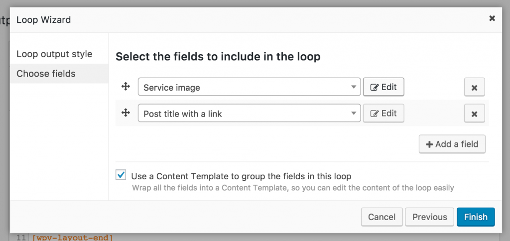 Screenshot of adding Service fields with the Loop Wizard