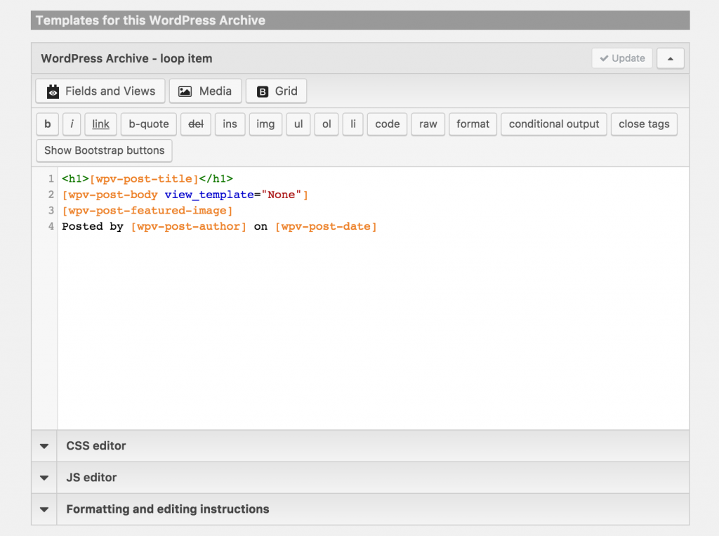 Screenshot of archive content template