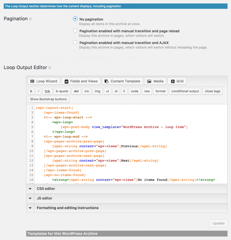 Screenshot of Archive cell Loop Output section