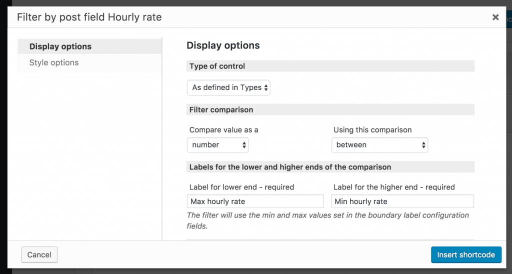 Screenshot of options dialog for Hourly rate filter