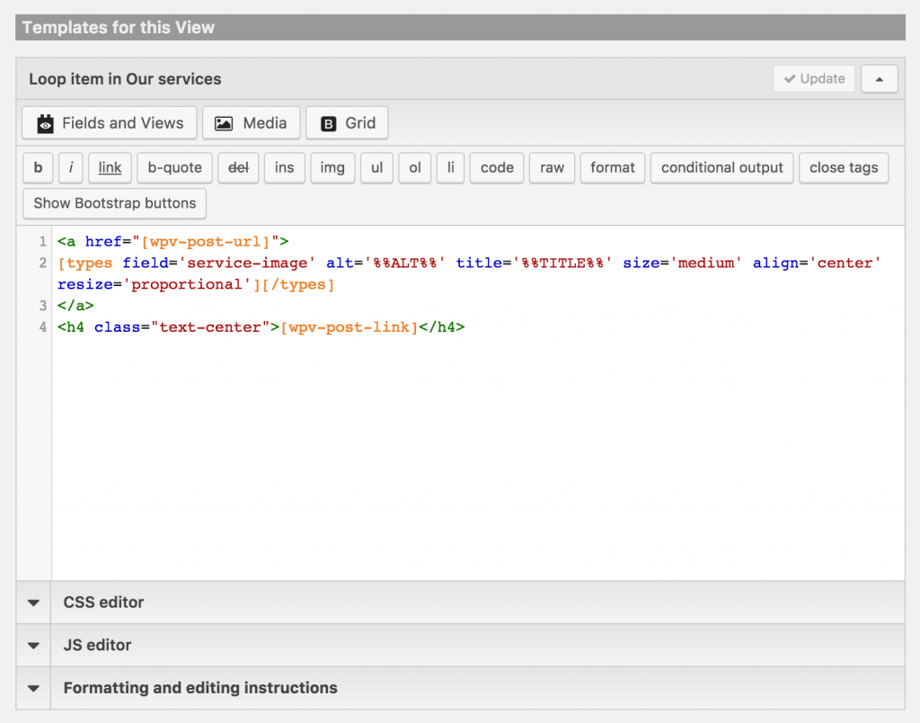 Screenshot of the loop output template after editing