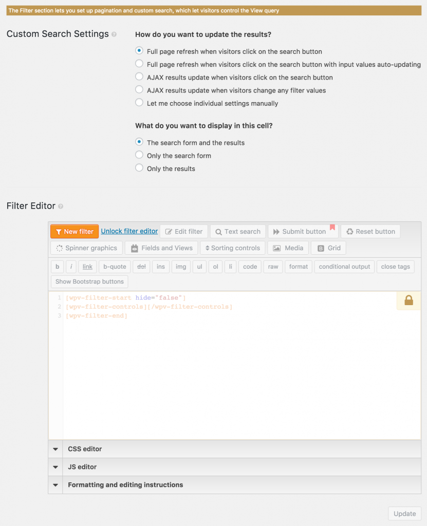 Screenshot of a View cell Filter section