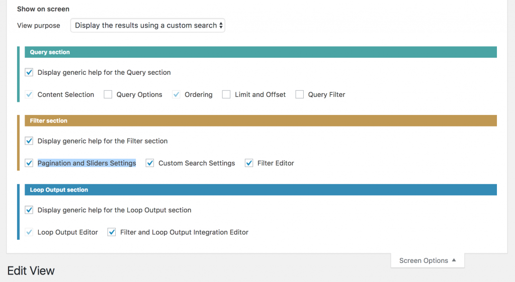 Screen options tab on a View page